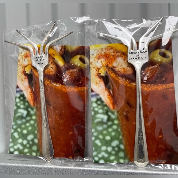 Set of 2 Bloody Mary garnish stir forks breakfast of champs Hand crafted/stamped - Picture 2 of 8